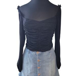 Black Ruched Mesh Off Shoulder Cropped Blouse Long Sleeve Y2K Goth XL